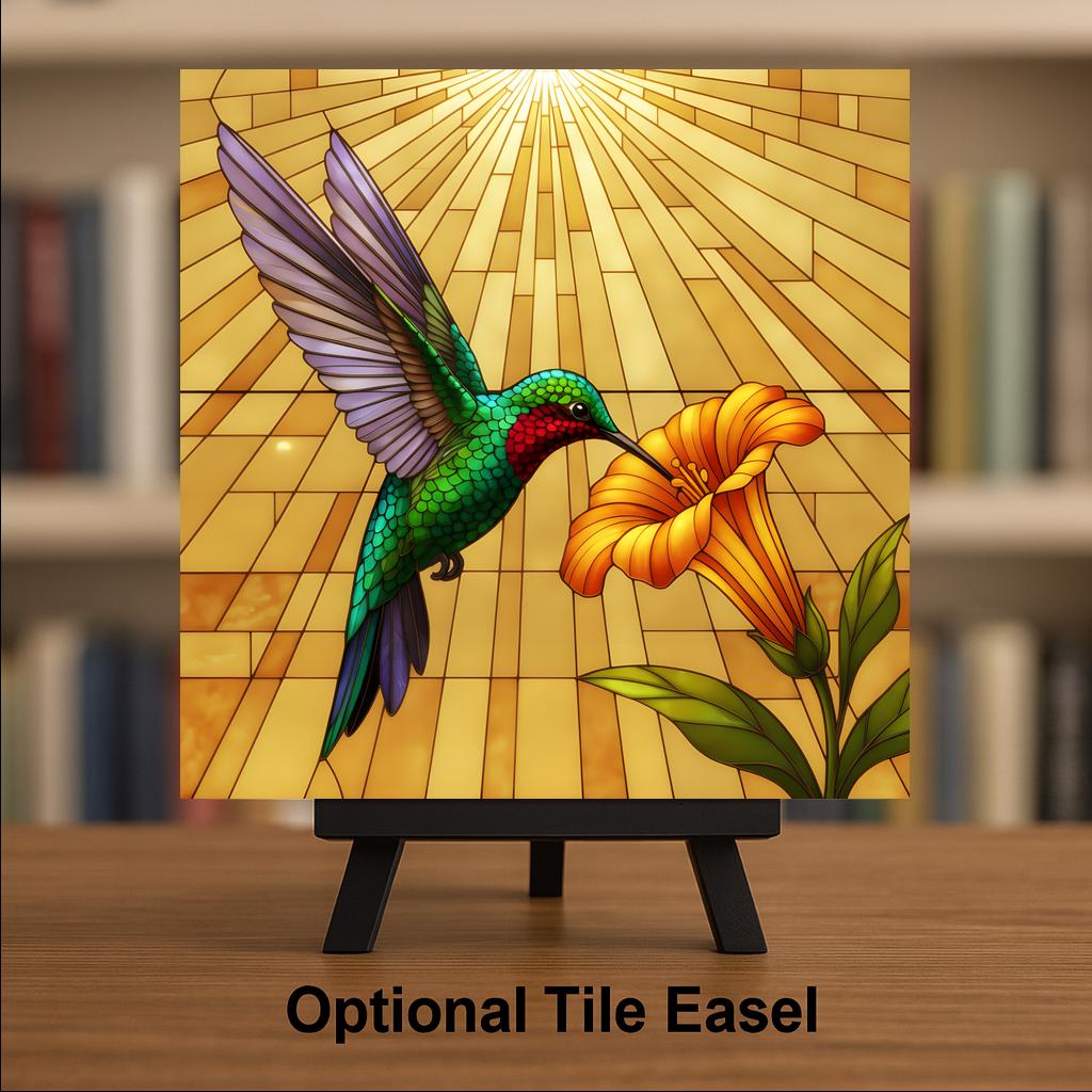 Hummingbird Wall Art Ceramic Tile Stained Glass Style Ruby Throated Bird and Trumpet Flower Golden Sunburst Decor