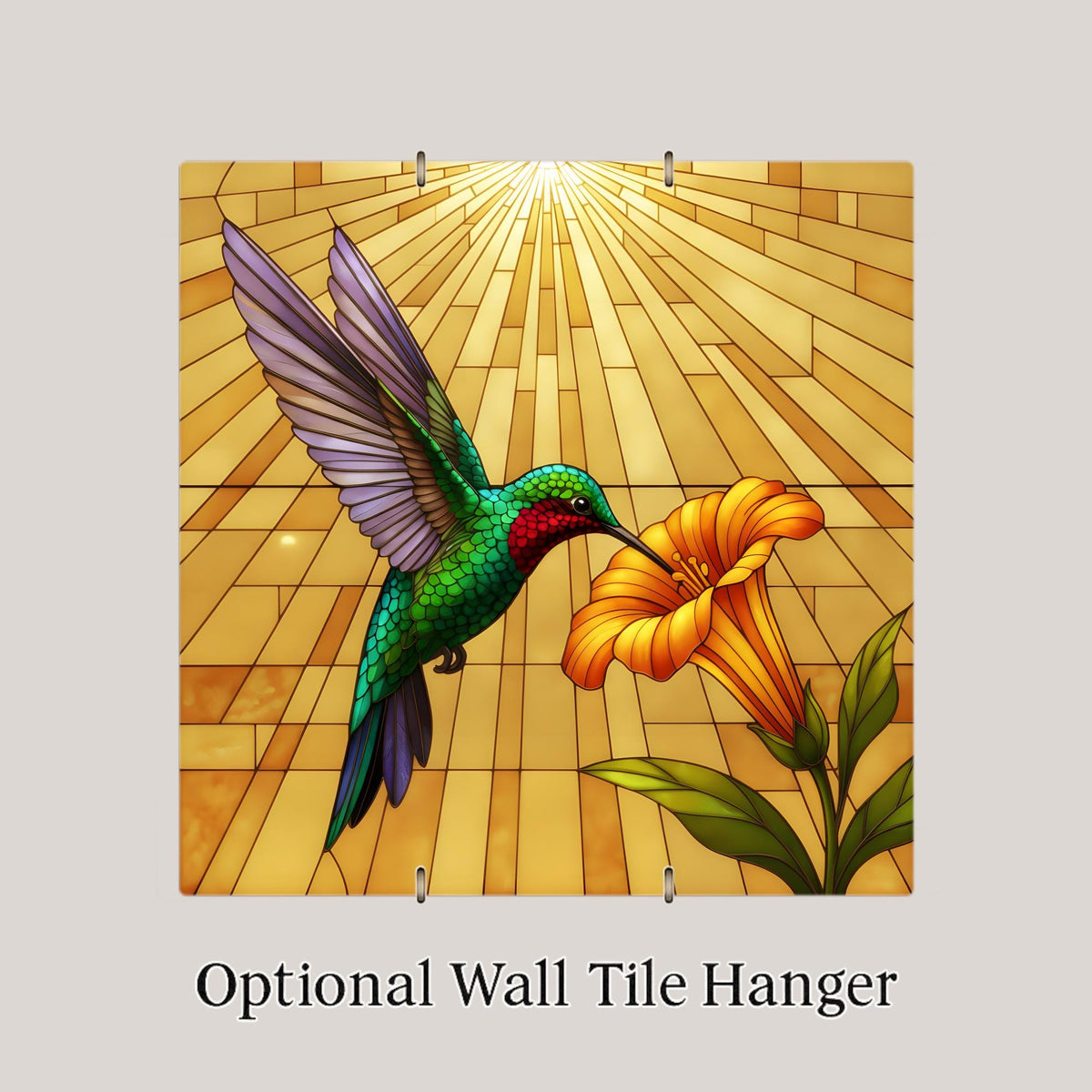 Hummingbird Wall Art Ceramic Tile Stained Glass Style Ruby Throated Bird and Trumpet Flower Golden Sunburst Decor