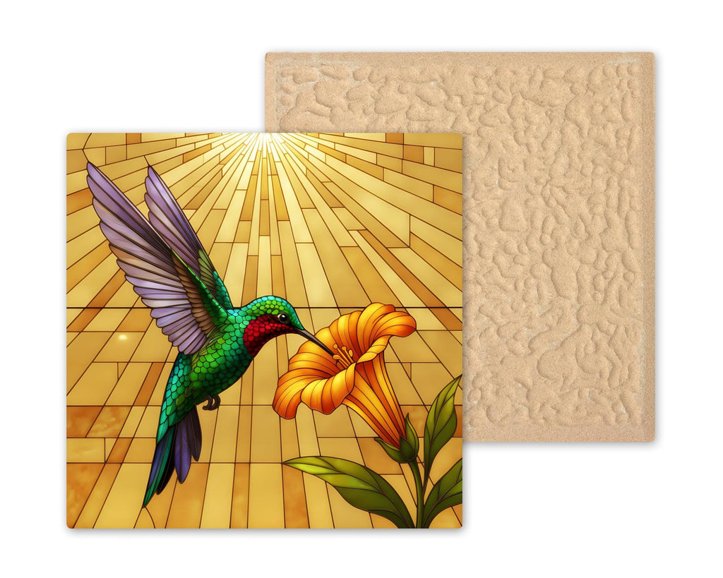 Hummingbird Wall Art Ceramic Tile Stained Glass Style Ruby Throated Bird and Trumpet Flower Golden Sunburst Decor