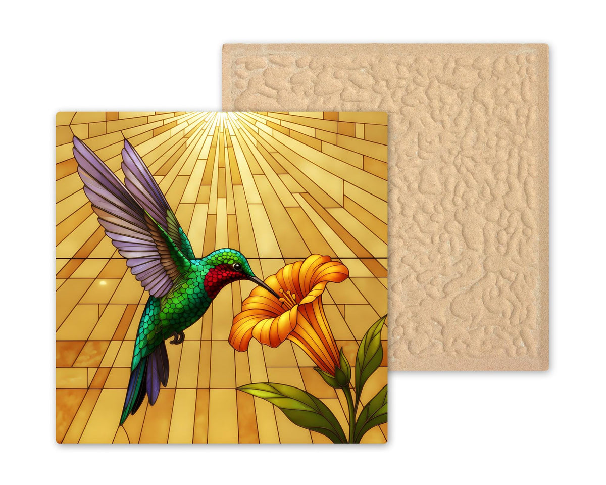 Hummingbird Wall Art Ceramic Tile Stained Glass Style Ruby Throated Bird and Trumpet Flower Golden Sunburst Decor