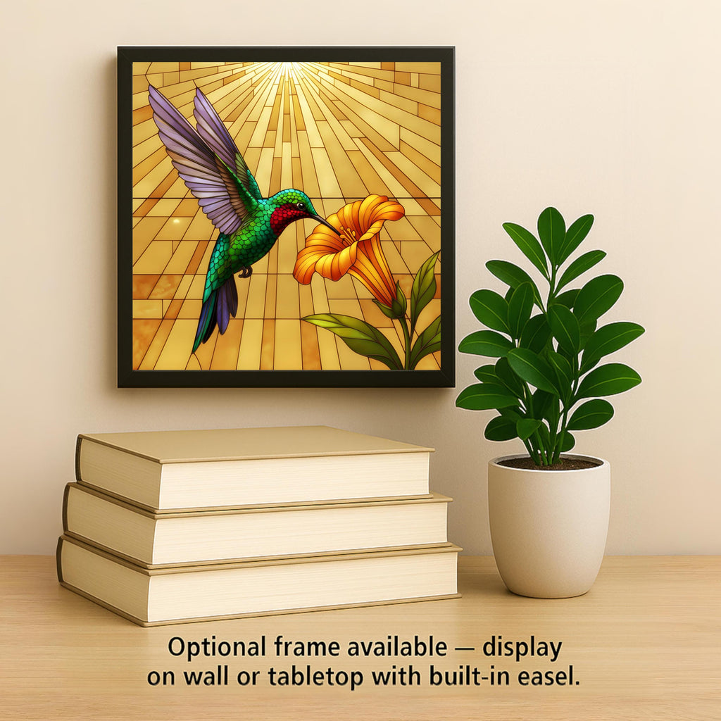 Hummingbird Wall Art Ceramic Tile Stained Glass Style Ruby Throated Bird and Trumpet Flower Golden Sunburst Decor