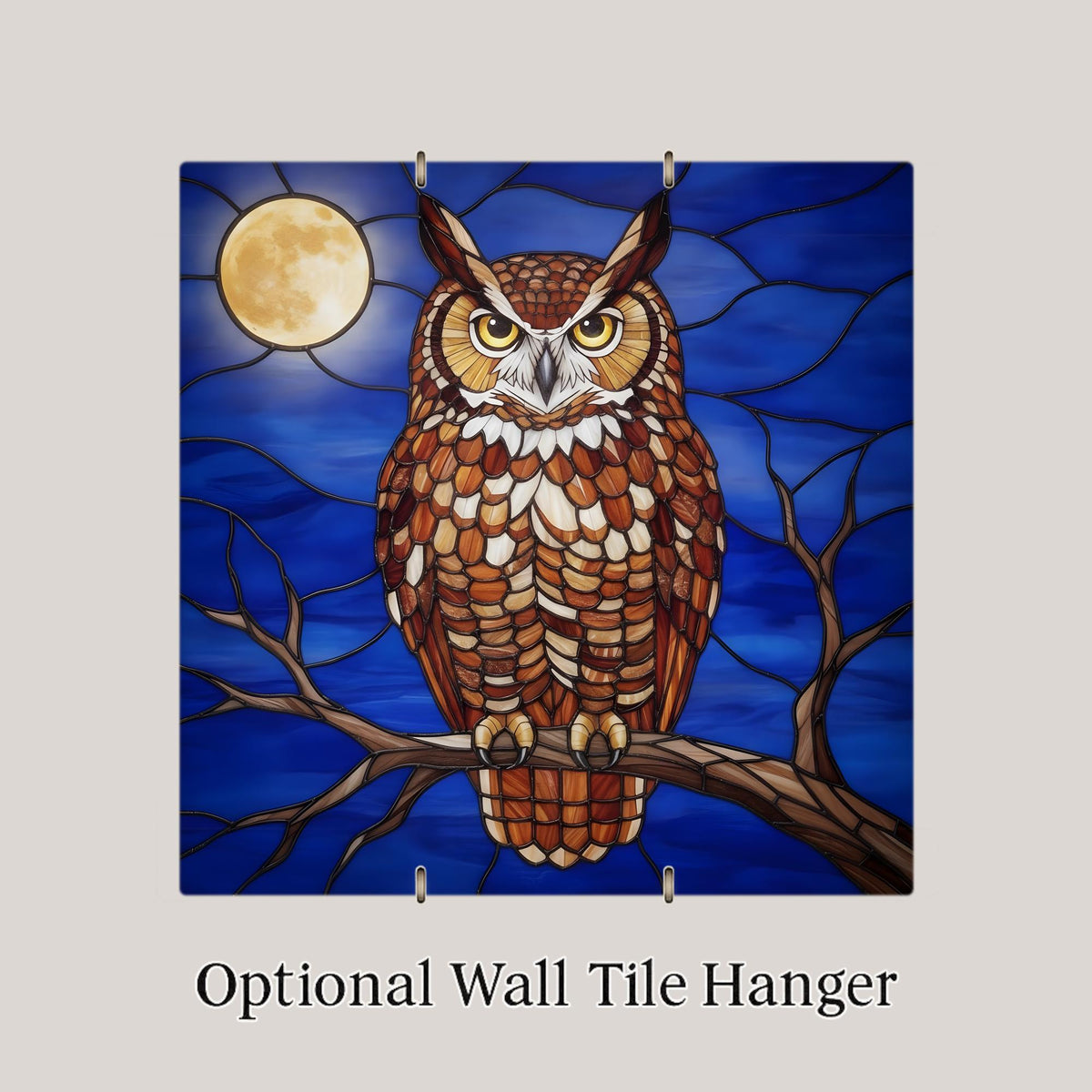 Great Horned Owl Ceramic Tile Wall Art Stained Glass Style Full Moon Night Branch Amber Woodland Bird Decor