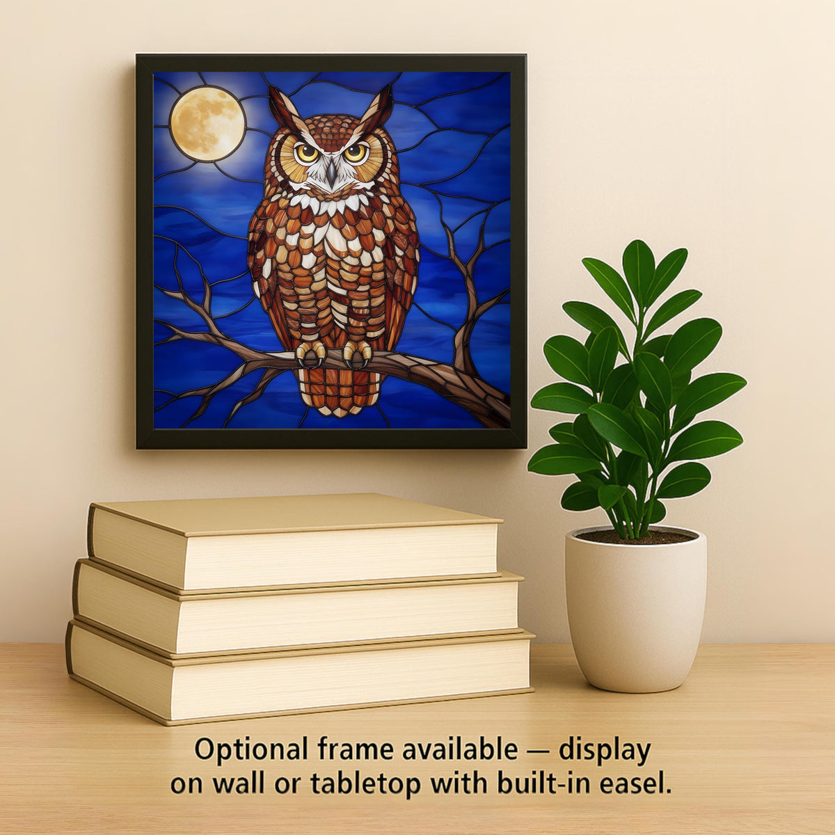 Great Horned Owl Ceramic Tile Wall Art Stained Glass Style Full Moon Night Branch Amber Woodland Bird Decor