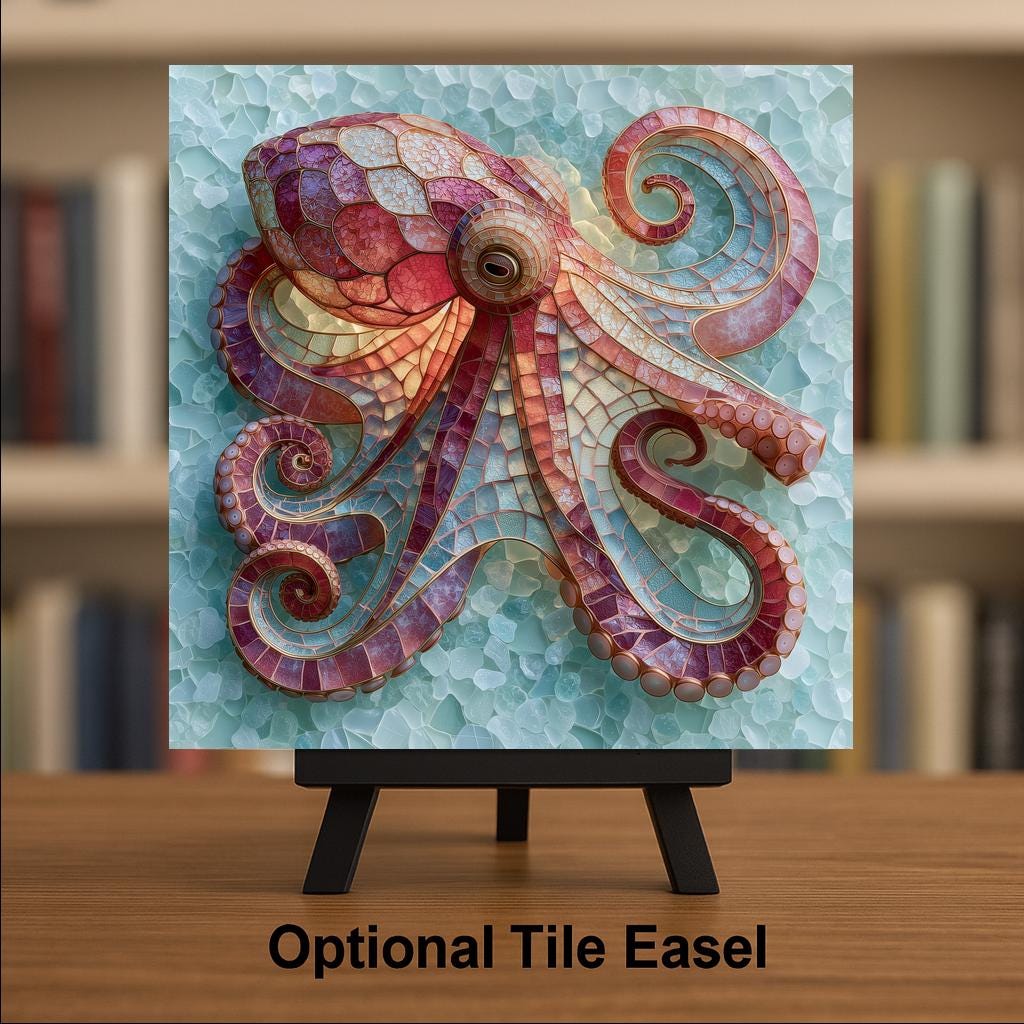 Octopus Ceramic Tile Wall Art Sea Glass Style Coral and Rose Tentacles on Seafoam Ocean Beach House Decor