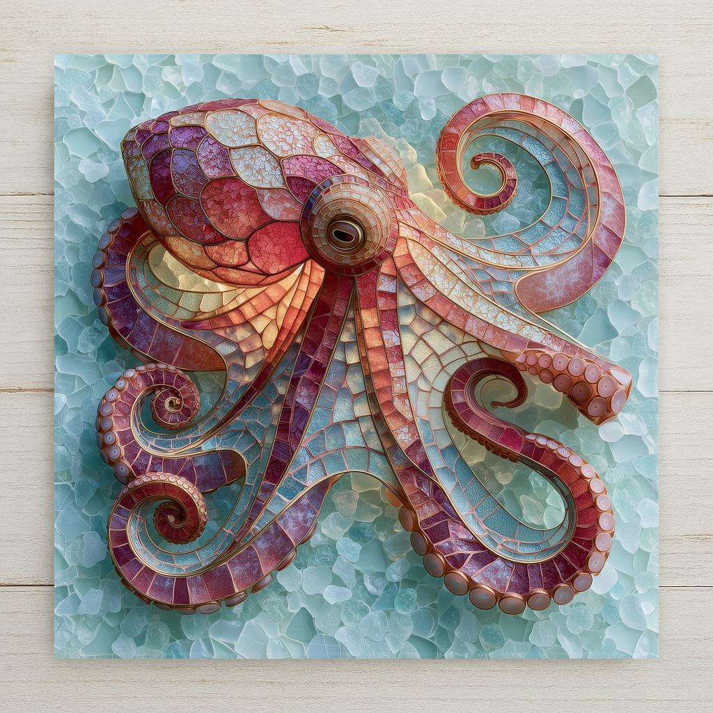 Sea glass style ceramic tile of an octopus with tentacles spread and curling in coral rose and plum glass against pale seafoam sea glass pebbles