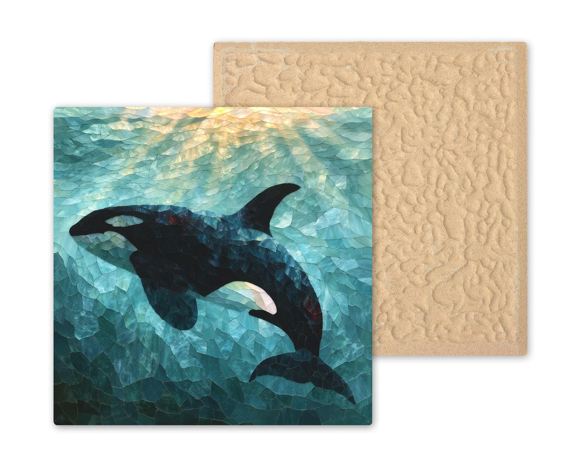 Orca Ceramic Tile Wall Art Sea Glass Style Killer Whale Gliding Through Aqua Water Pacific Northwest Coastal Decor