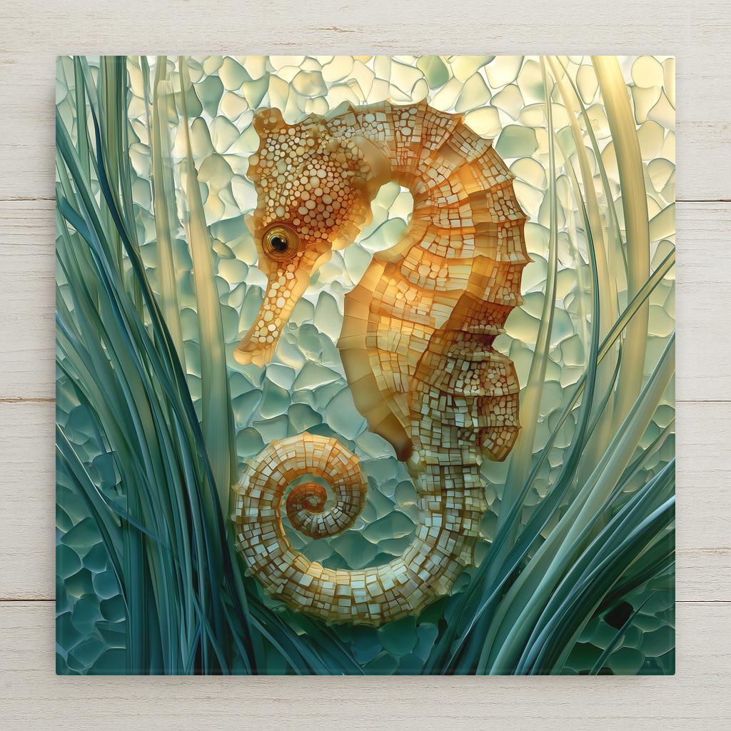 Sea glass style ceramic tile of a golden seahorse in curled profile among mint seagrass strands in soft frosted pale gold glass