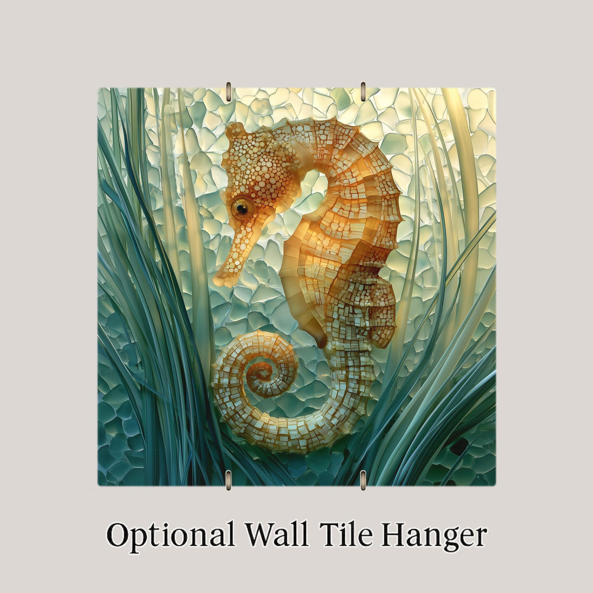 Seahorse Ceramic Tile Wall Art Sea Glass Style Golden Sea Horse and Seagrass Mint Coastal Bathroom Beach Decor