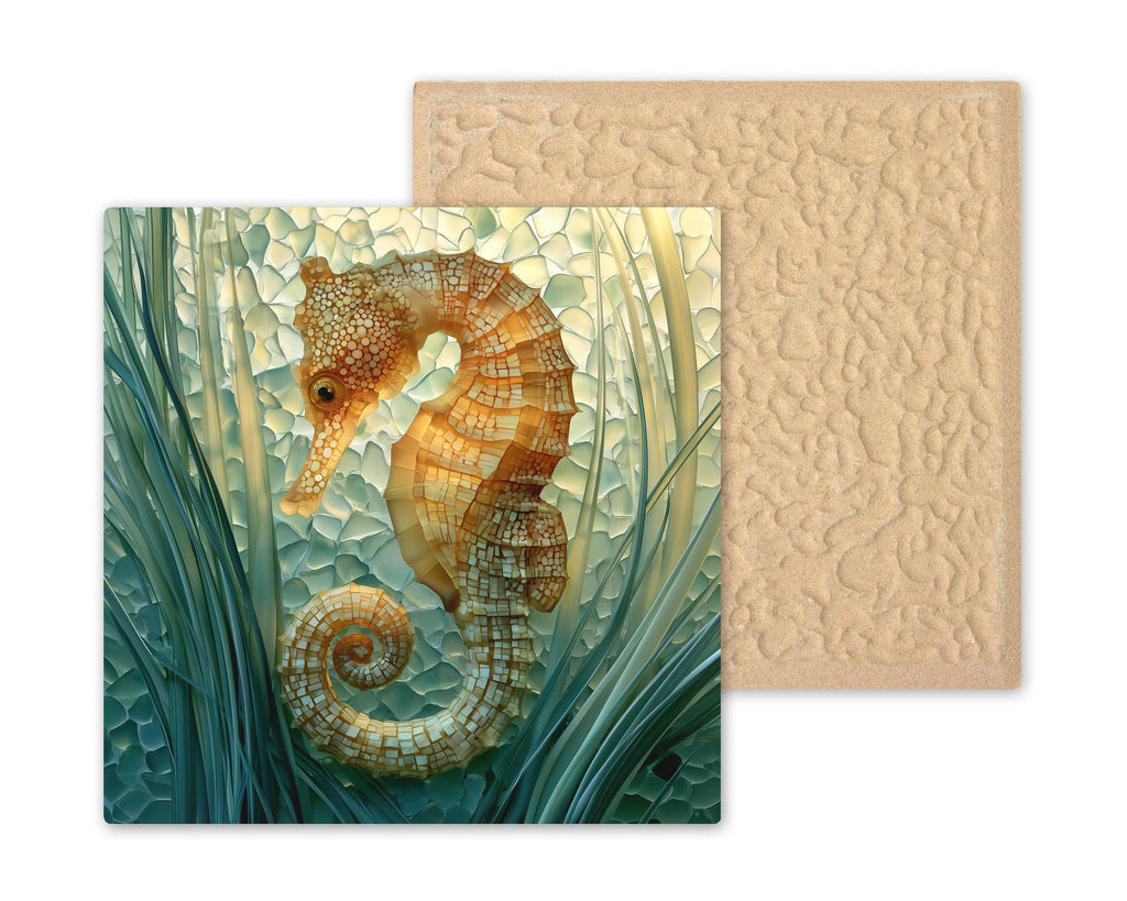 Seahorse Ceramic Tile Wall Art Sea Glass Style Golden Sea Horse and Seagrass Mint Coastal Bathroom Beach Decor