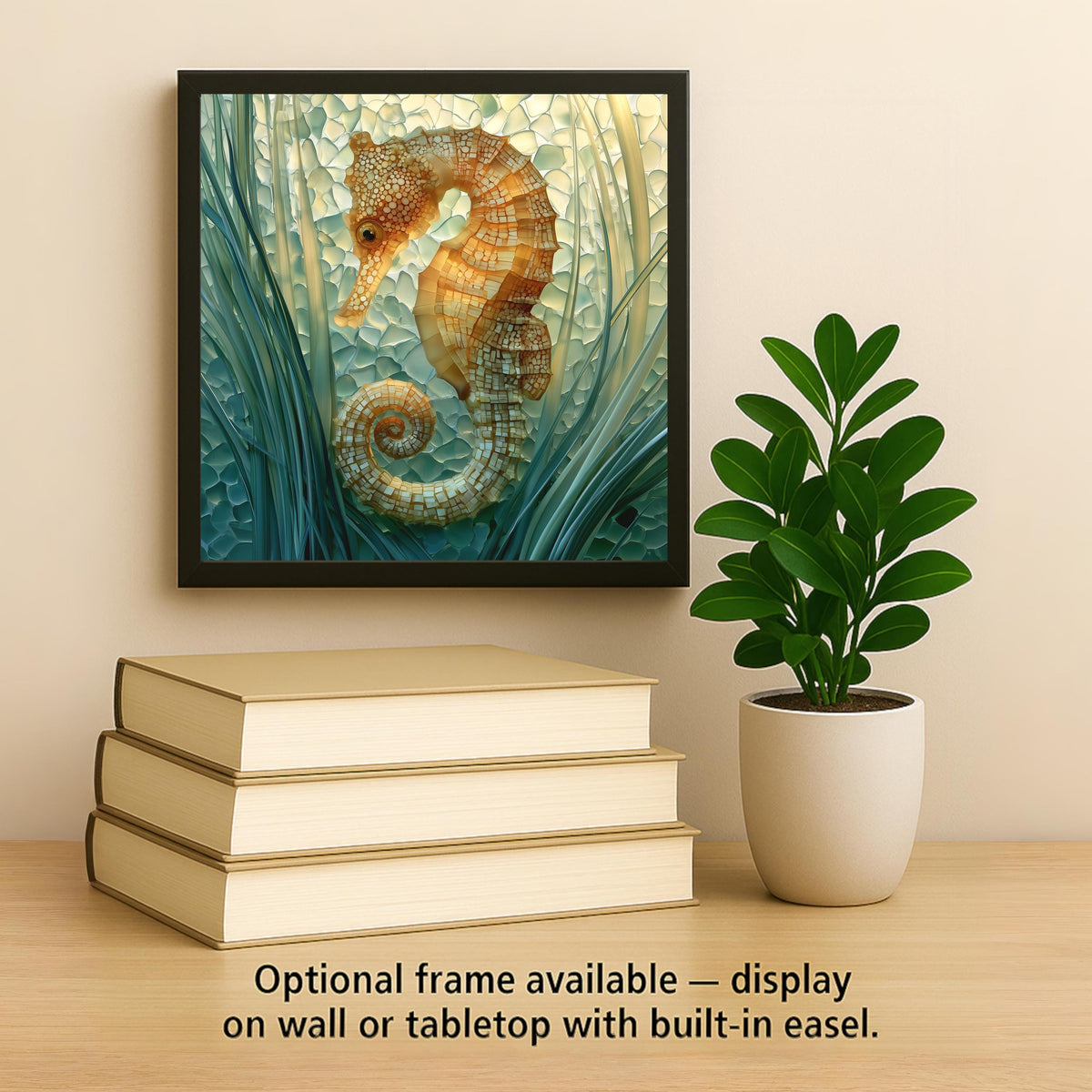 Seahorse Ceramic Tile Wall Art Sea Glass Style Golden Sea Horse and Seagrass Mint Coastal Bathroom Beach Decor