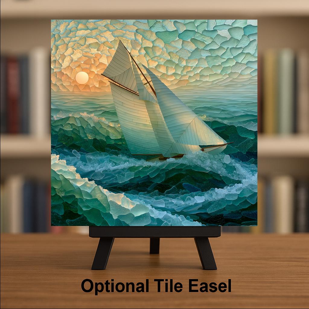Sailboat Ceramic Tile Wall Art Sea Glass Style White Sails on Blue Green Waves Nautical Beach House Decor