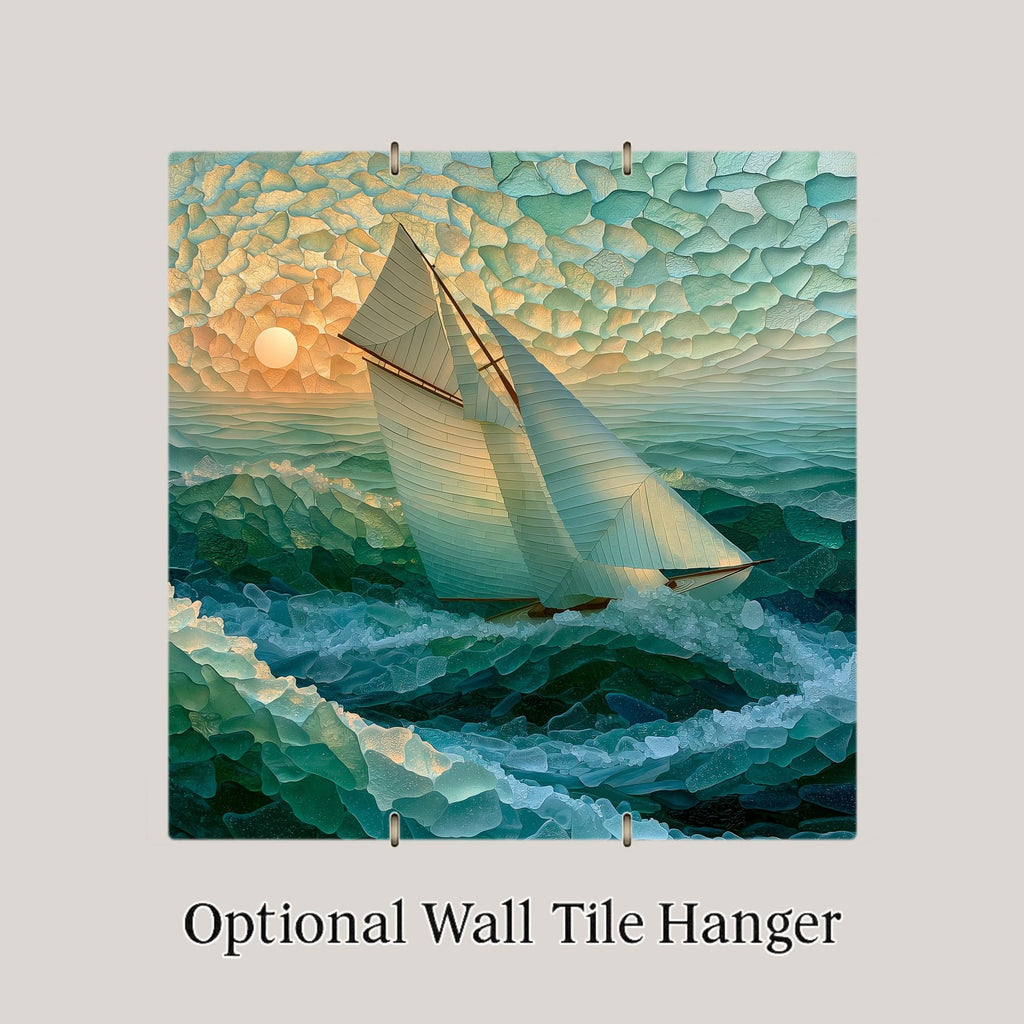 Sailboat Ceramic Tile Wall Art Sea Glass Style White Sails on Blue Green Waves Nautical Beach House Decor