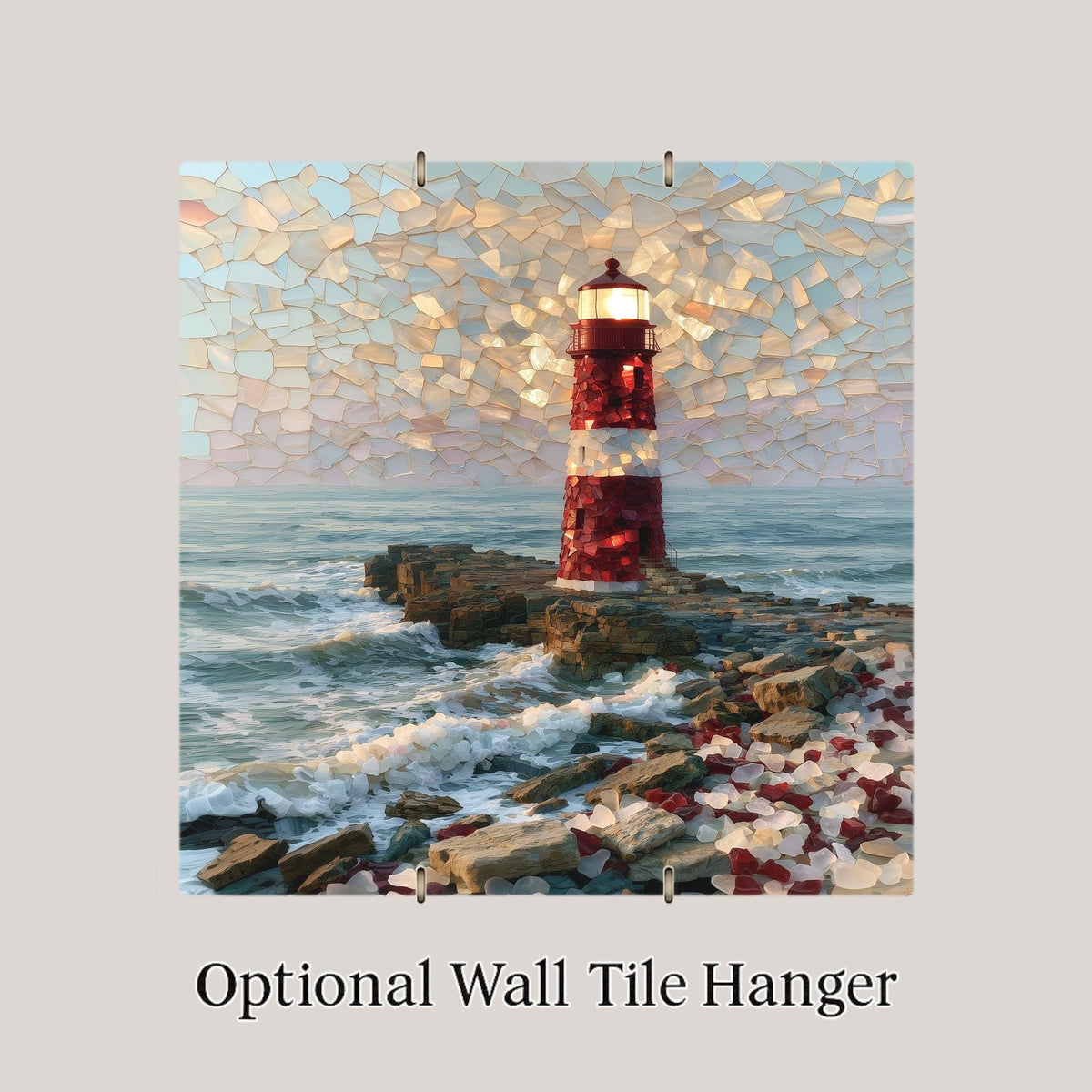 Lighthouse Ceramic Tile Wall Art Sea Glass Style Red and White Beacon on Rocky Point Nautical Coastal Decor
