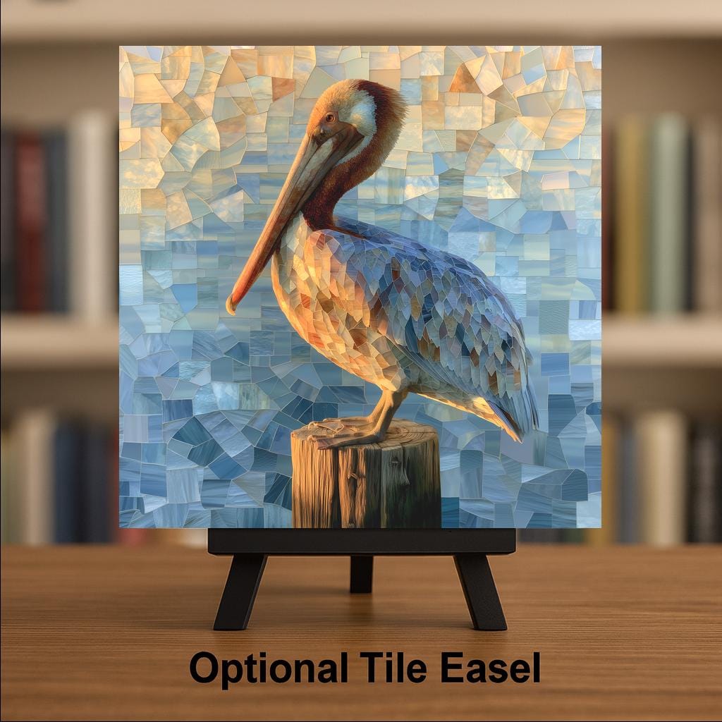 Pelican Ceramic Tile Wall Art Sea Glass Style Brown Pelican on Wooden Piling Coastal Shore Beach House Decor
