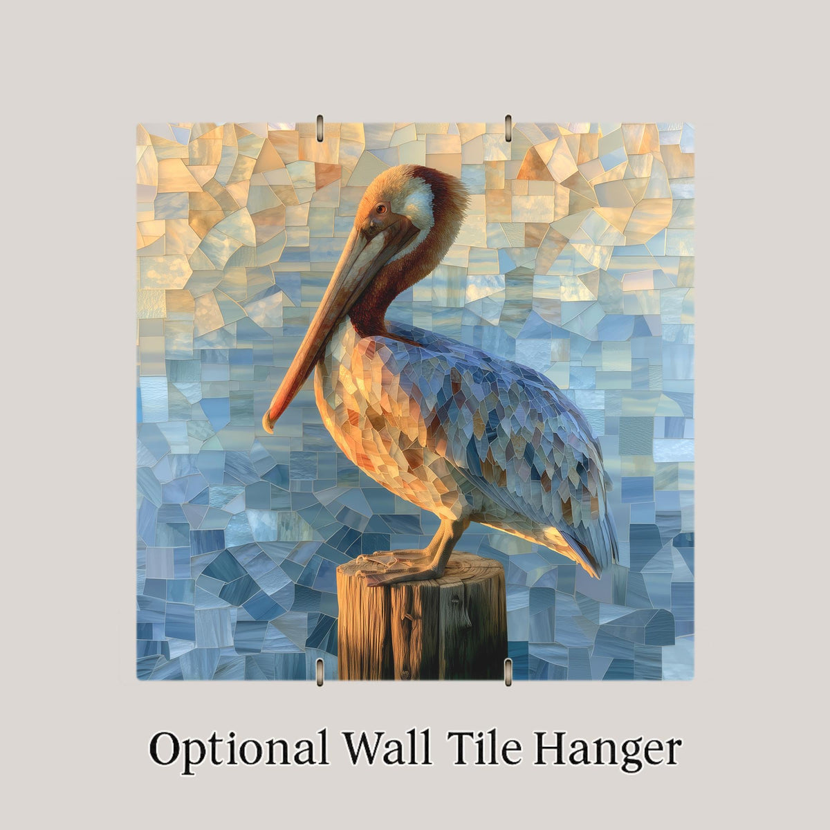 Pelican Ceramic Tile Wall Art Sea Glass Style Brown Pelican on Wooden Piling Coastal Shore Beach House Decor