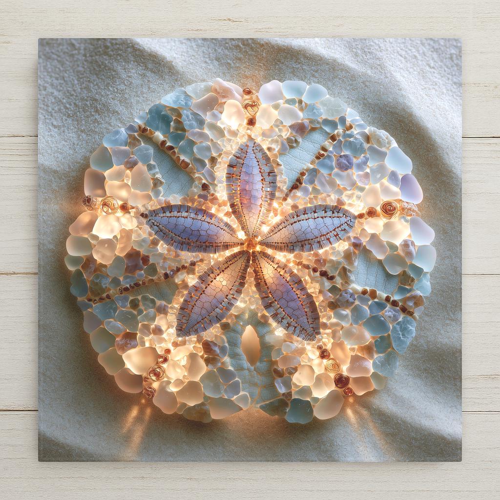 Sea glass style ceramic tile of a single large sand dollar with five petal star pattern centered on soft sand in ivory and driftwood frosted glass