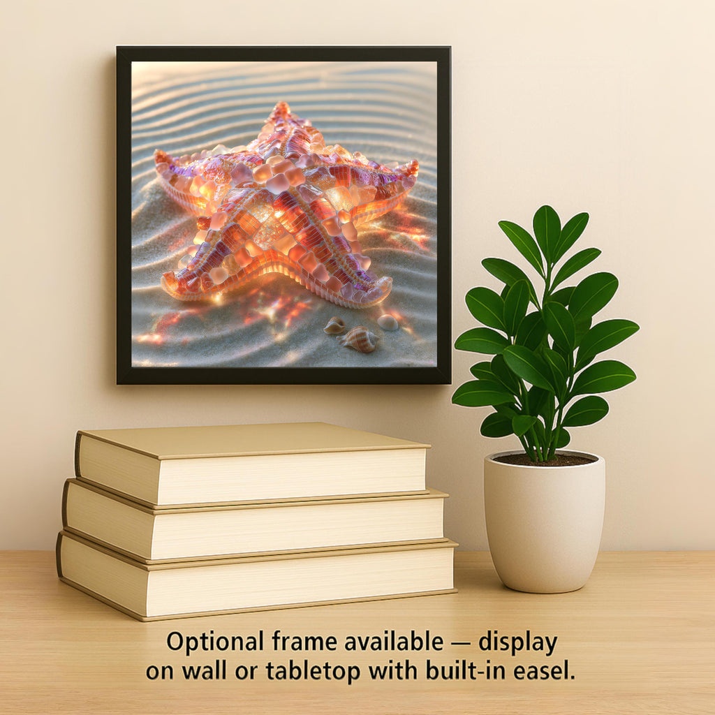 Starfish Ceramic Tile Wall Art Sea Glass Style Coral Sea Star on Rippled Sand With Shells Coastal Beach Decor