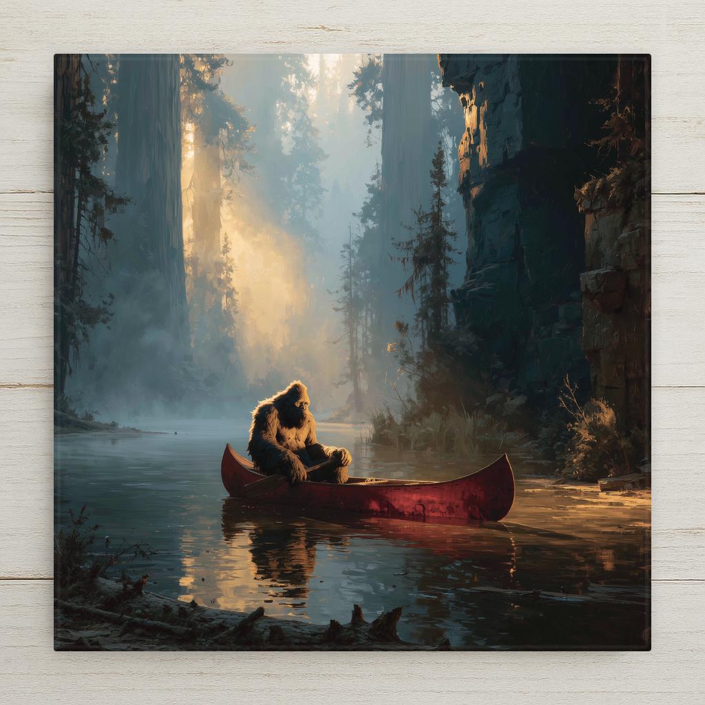 Painterly ceramic tile of a sasquatch calmly paddling a red canoe between towering misty redwood trunks in golden morning light