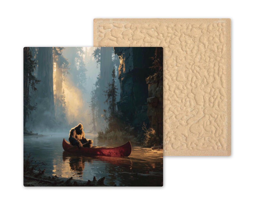 Bigfoot Canoe Ceramic Tile Wall Art Sasquatch Paddling the Misty Redwoods Golden Light Painterly Cabin Whimsy Decor