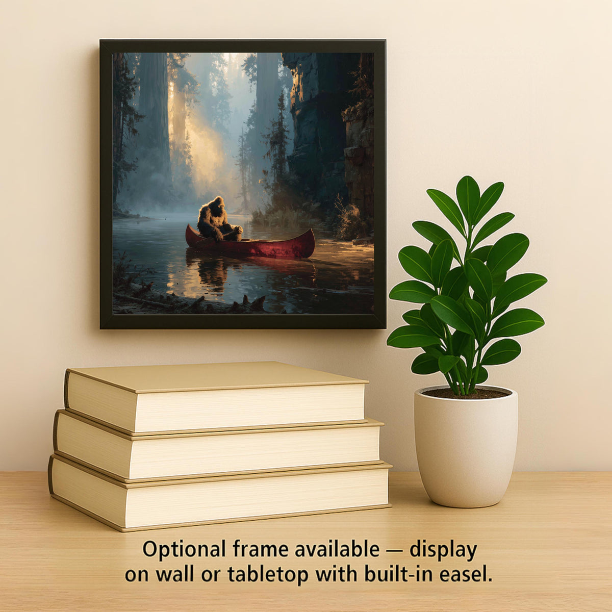 Bigfoot Canoe Ceramic Tile Wall Art Sasquatch Paddling the Misty Redwoods Golden Light Painterly Cabin Whimsy Decor