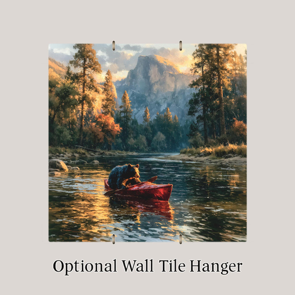 Black Bear Kayaking Ceramic Tile Wall Art Yosemite Half Dome National Park Painterly Cabin Lodge Decor