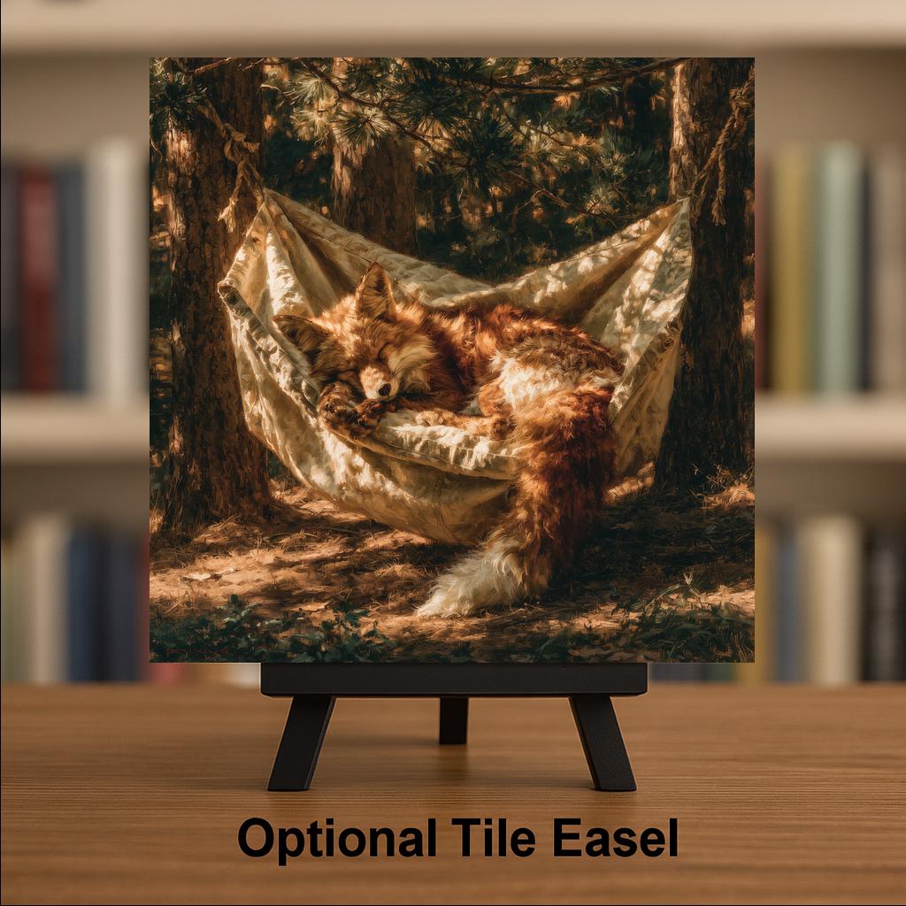 Fox Hammock Ceramic Tile Wall Art Painterly Red Fox Napping Between Two Pines Golden Woodland Cabin Whimsy Decor