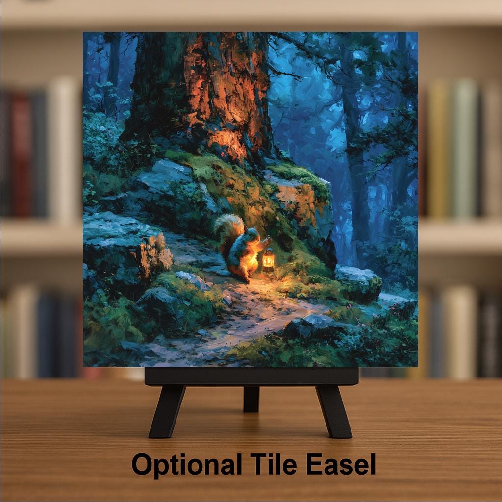 Squirrel Lantern Ceramic Tile Wall Art Painterly Woodland Squirrel Night Hike Glowing Lamp Camping Cabin Whimsy Decor