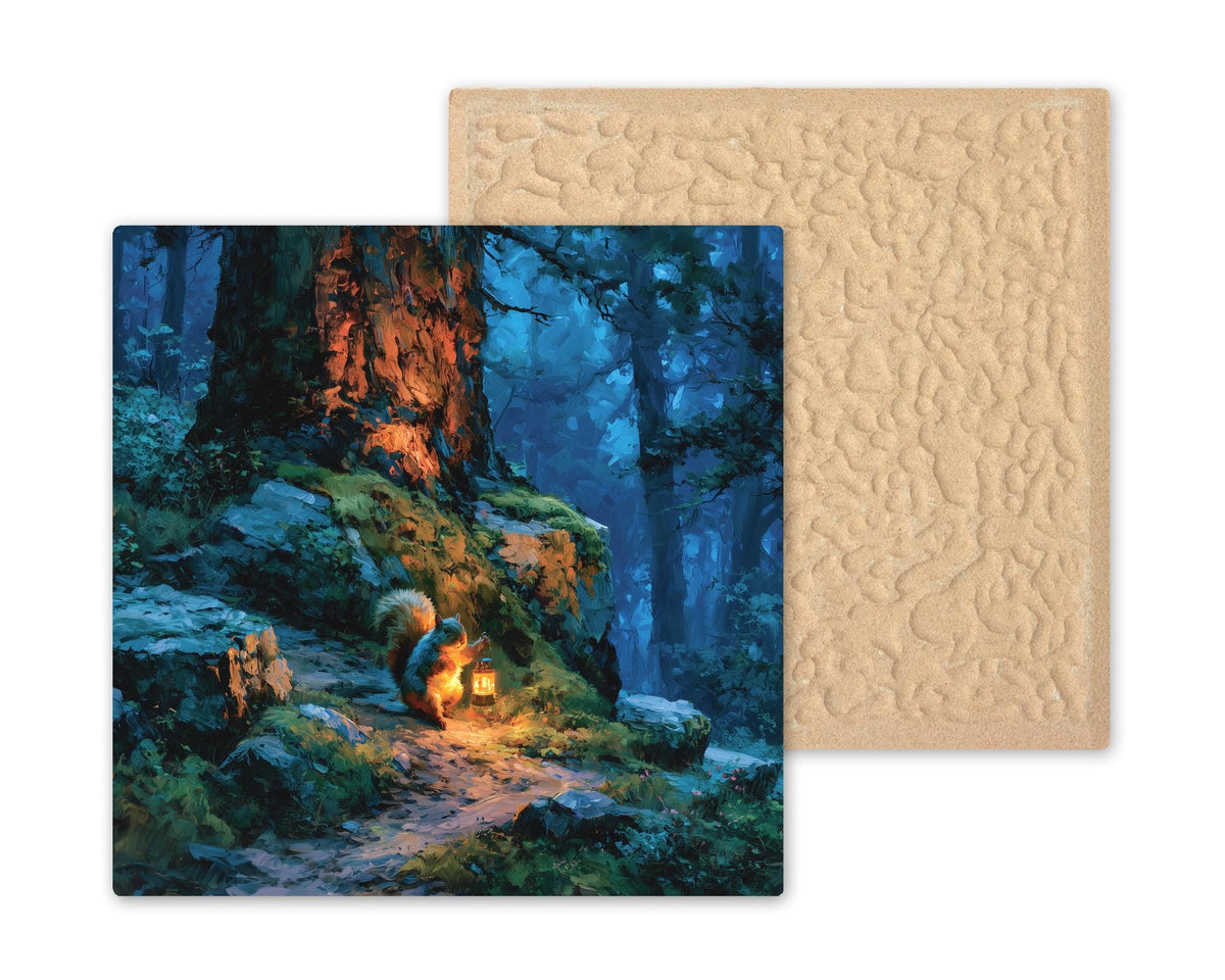 Squirrel Lantern Ceramic Tile Wall Art Painterly Woodland Squirrel Night Hike Glowing Lamp Camping Cabin Whimsy Decor