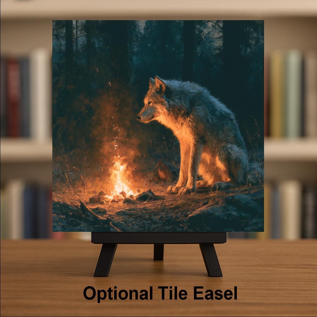 Wolf Campfire Ceramic Tile Wall Art Painterly Gray Wolf Keeping Watch by Glowing Fire Night Forest Cabin Decor