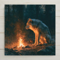 Painterly ceramic tile of a gray wolf sitting upright beside a glowing campfire in a dark pine forest with sparks rising into the night