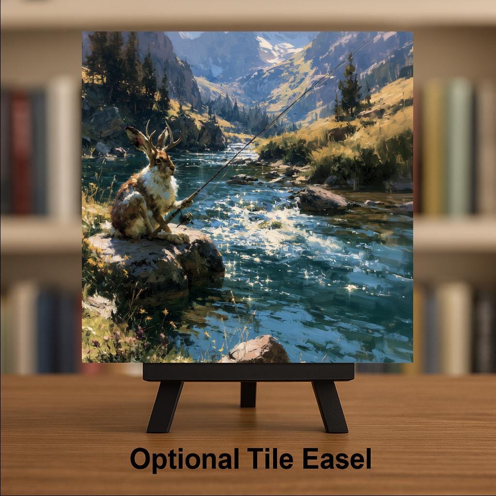 Jackalope Fishing Ceramic Tile Wall Art Painterly Horned Rabbit with Pole at Mountain Creek Folklore Cabin Whimsy Decor