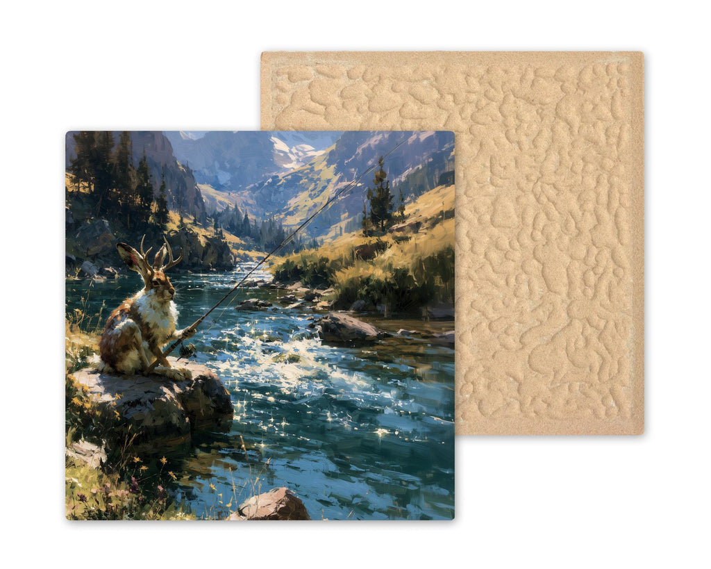 Jackalope Fishing Ceramic Tile Wall Art Painterly Horned Rabbit with Pole at Mountain Creek Folklore Cabin Whimsy Decor