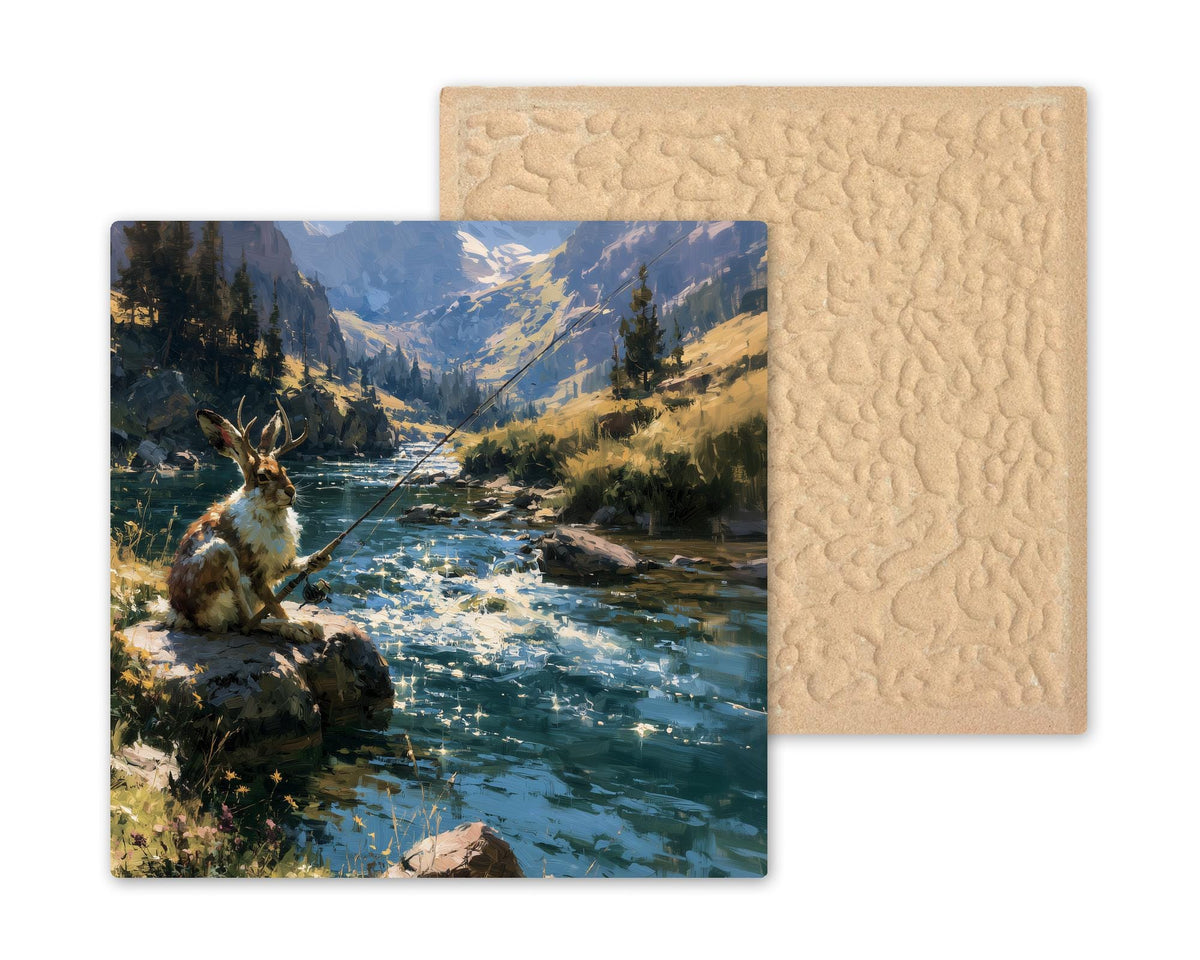 Jackalope Fishing Ceramic Tile Wall Art Painterly Horned Rabbit with Pole at Mountain Creek Folklore Cabin Whimsy Decor