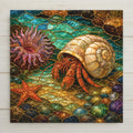 A stained glass hermit crab in a pearly spiral shell beside a pink sea anemone and orange sea star in a turquoise tide pool with gold leading on a square ceramic art tile