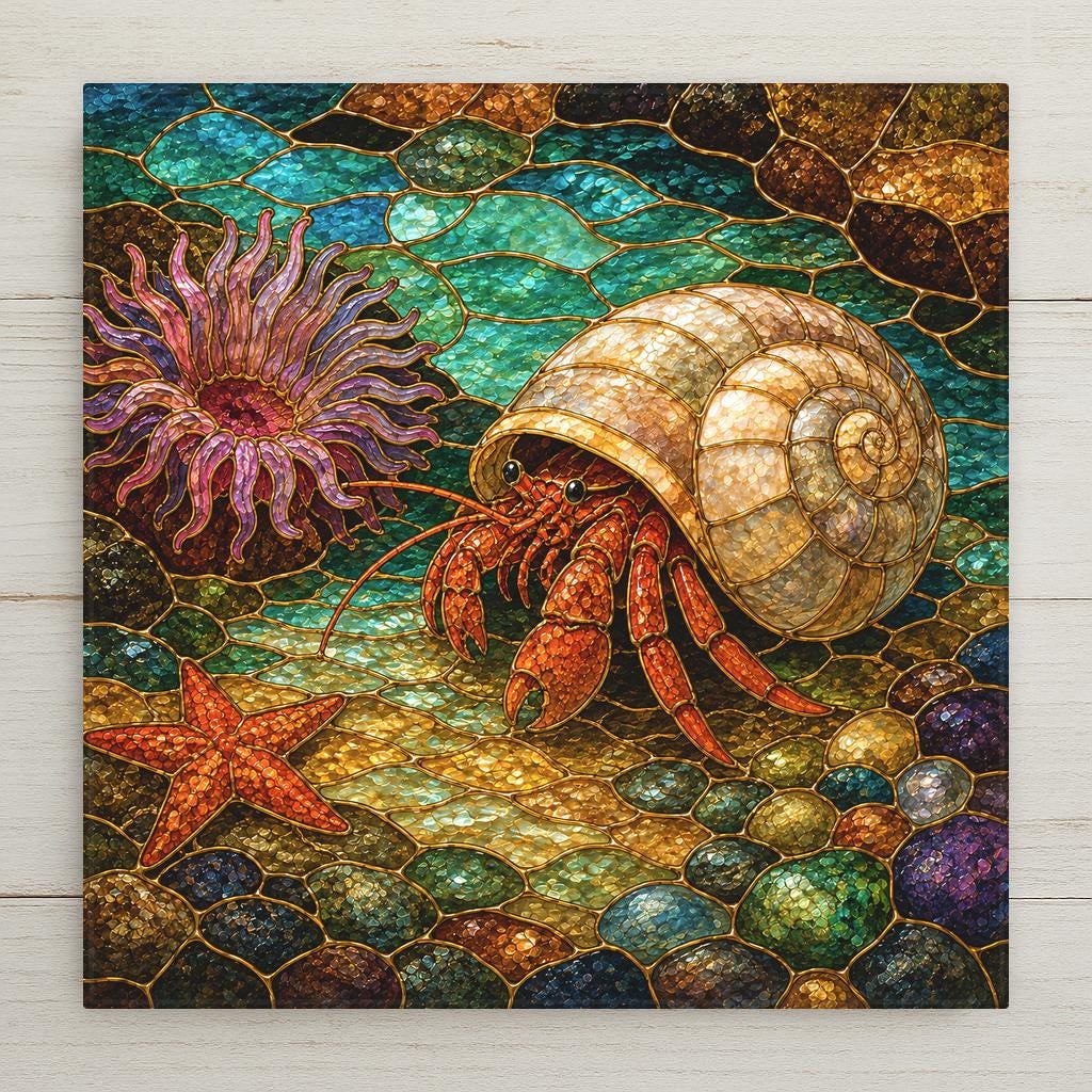 A stained glass hermit crab in a pearly spiral shell beside a pink sea anemone and orange sea star in a turquoise tide pool with gold leading on a square ceramic art tile
