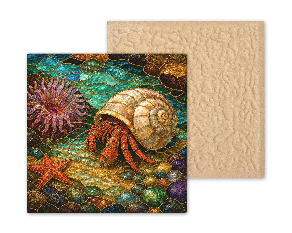 Hermit Crab Ceramic Tile Wall Art Stained Glass Style Tide Pool Ocean Anemone Coastal Beach House Decor Art