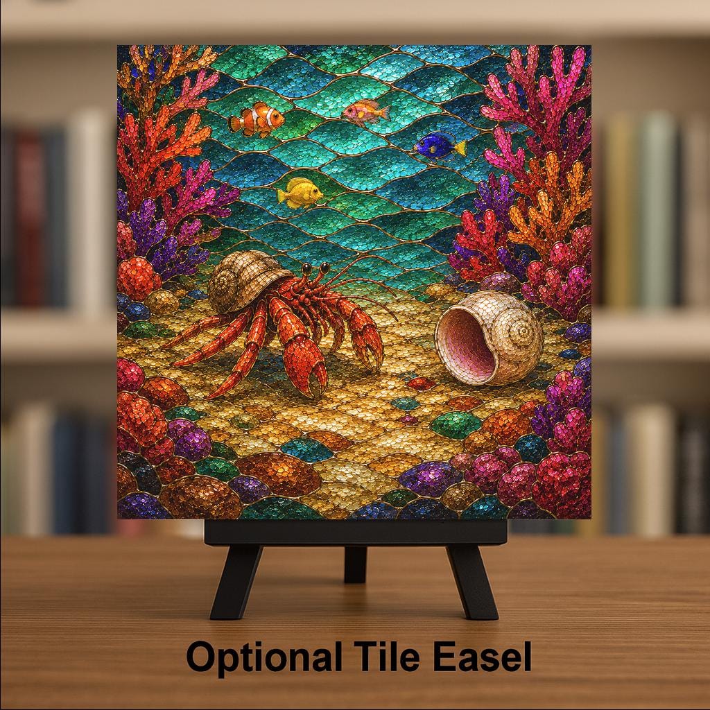 Hermit Crab Ceramic Tile Wall Art Stained Glass Style Moving Day New Shell Coral Reef Coastal Beach Decor Art