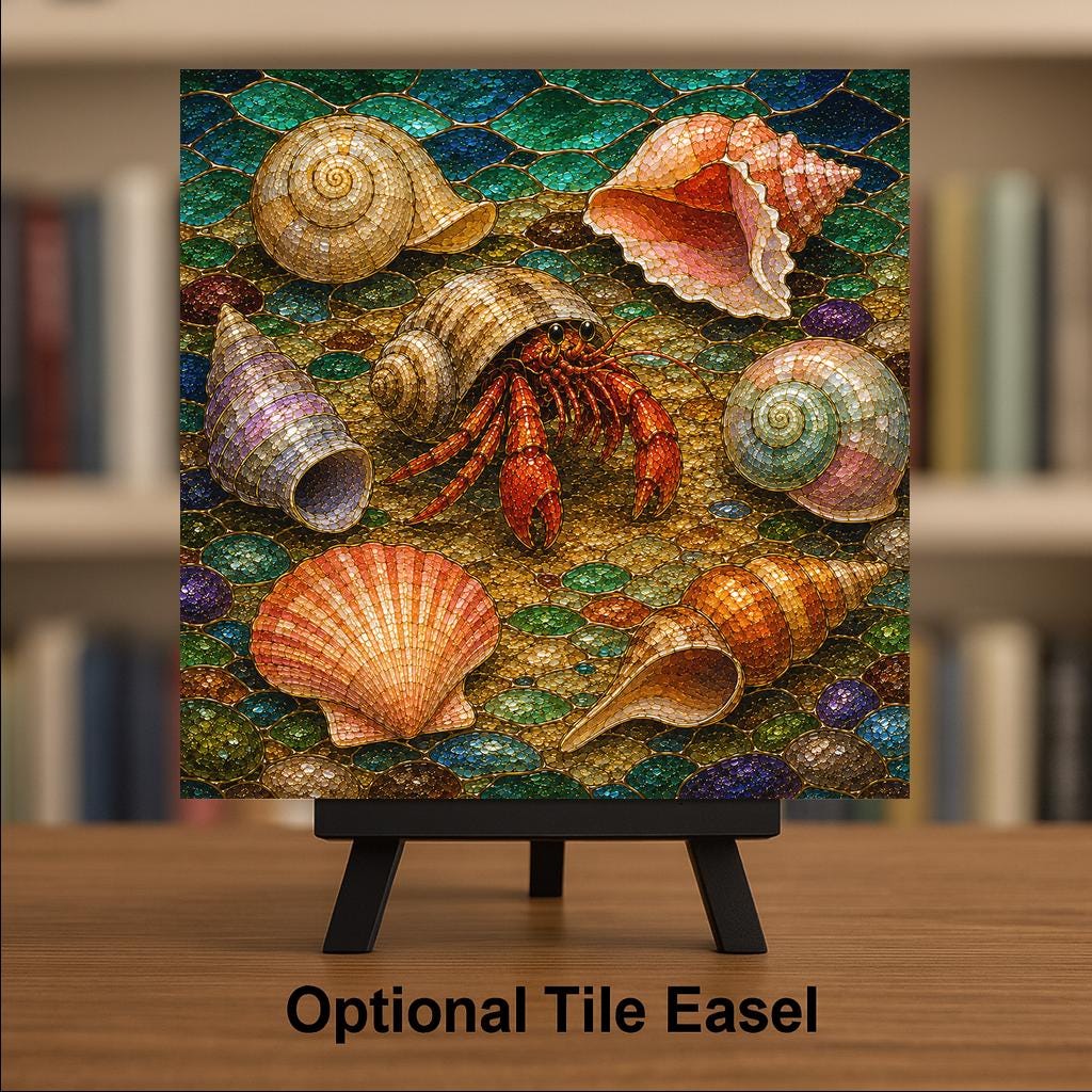 Hermit Crab Ceramic Tile Wall Art Stained Glass Style Seashell Collection Coastal Beach Bathroom Decor Art