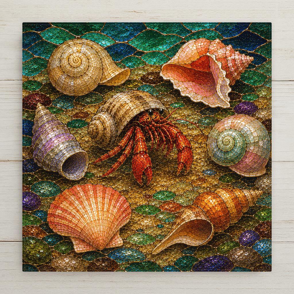 A stained glass hermit crab centered among six different seashells including a pink conch a coral scallop a lavender cone and a seafoam turban shell on a square ceramic art tile