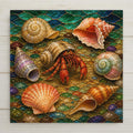 A stained glass hermit crab centered among six different seashells including a pink conch a coral scallop a lavender cone and a seafoam turban shell on a square ceramic art tile