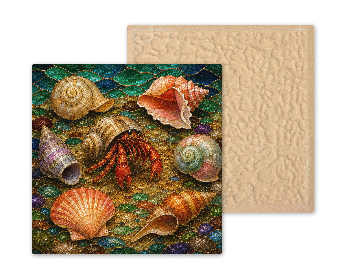 Hermit Crab Ceramic Tile Wall Art Stained Glass Style Seashell Collection Coastal Beach Bathroom Decor Art