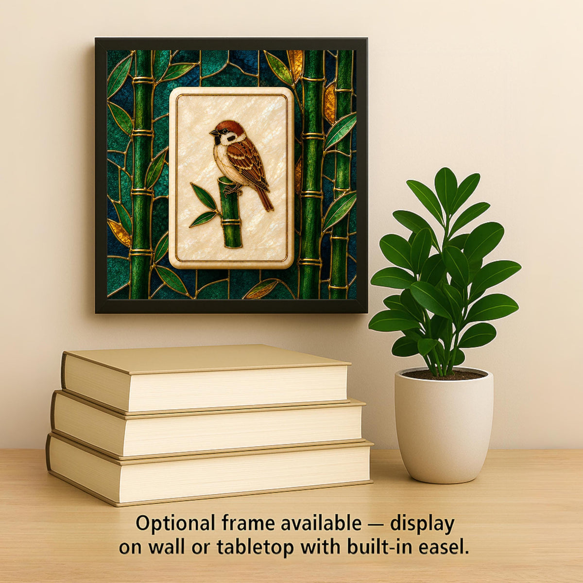 Mahjong Ceramic Tile Wall Art One Bam Sparrow Bird Bamboo Stained Glass Style Mah Jongg Game Room Shelf Decor Tile Art
