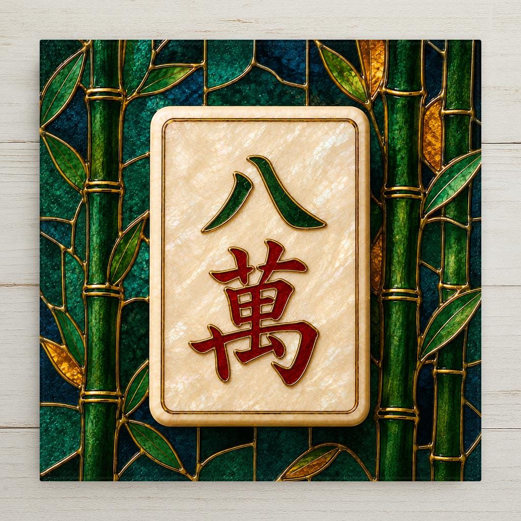Stained glass style ceramic tile artwork of a mahjong Eight Crak tile with a green figure eight character above a red wan character in gold outline on a cream mother of pearl face, framed by an emerald bamboo grove.