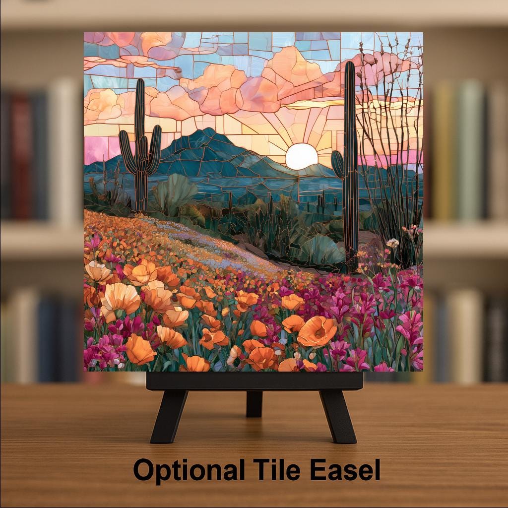 Sonoran Desert Wall Art Ceramic Tile Southwestern Wall Art Super Bloom Wildflowers Saguaro Cactus Arizona Nature Art
