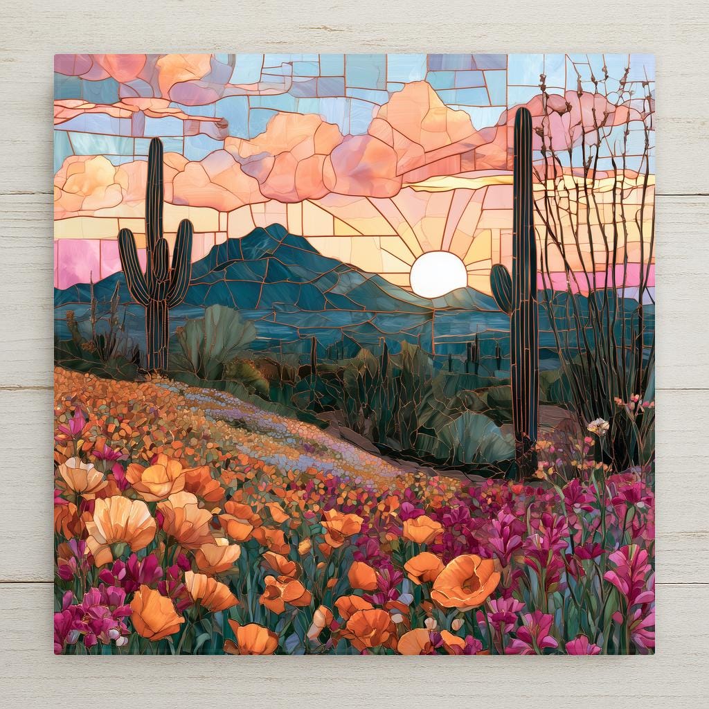 Stained glass style ceramic art tile of a sonoran desert super bloom with orange poppies and magenta wildflowers, saguaro cactus silhouettes, a mosaic sun setting behind a blue mountain and pink clouds