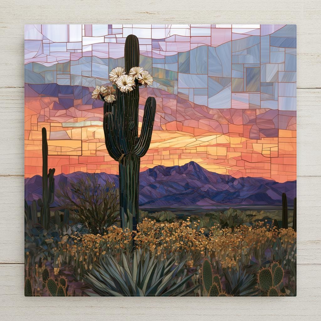 Stained glass style ceramic art tile of a blooming saguaro cactus crowned with white flowers, agave and gold brittlebush below, purple mountains and a mosaic sunset sky in orange and lavender