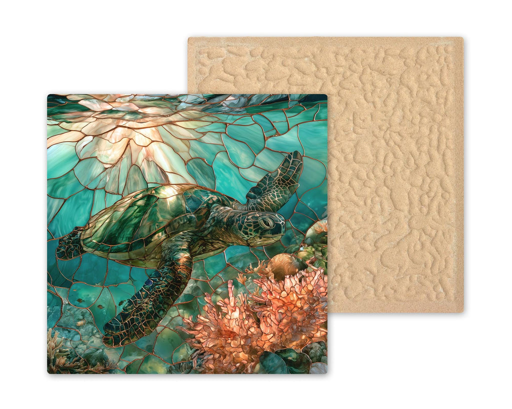 Sea Turtle Wall Art Ceramic Tile Stained Glass Style Hawaiian Honu Coral Reef Tropical Ocean Decor Turquoise Nature Art