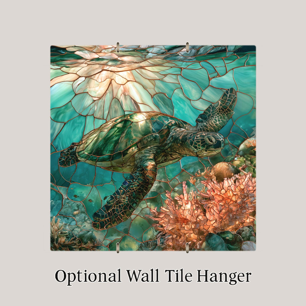 Sea Turtle Wall Art Ceramic Tile Stained Glass Style Hawaiian Honu Coral Reef Tropical Ocean Decor Turquoise Nature Art