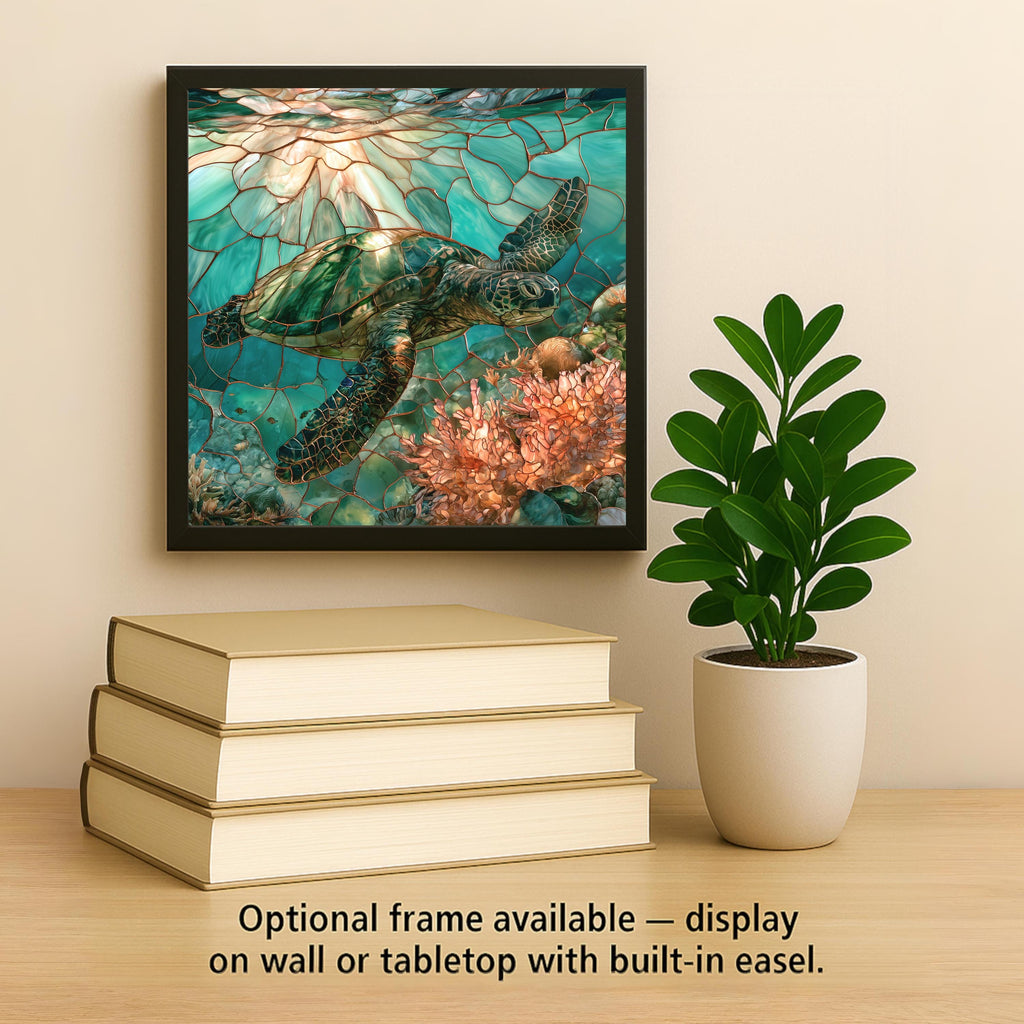 Sea Turtle Wall Art Ceramic Tile Stained Glass Style Hawaiian Honu Coral Reef Tropical Ocean Decor Turquoise Nature Art
