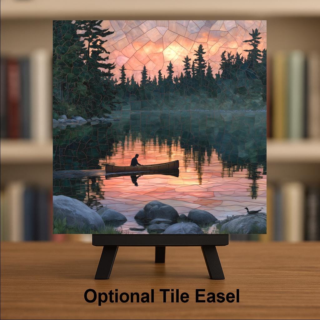 Boundary Waters Wall Art Ceramic Tile Stained Glass Style Canoe Lake Sunset Northwoods Minnesota Wilderness Nature Art